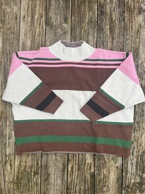 Maeve by Anthropologie Carys Mock Neck Sweater Purple Pink Gray Green Stripes